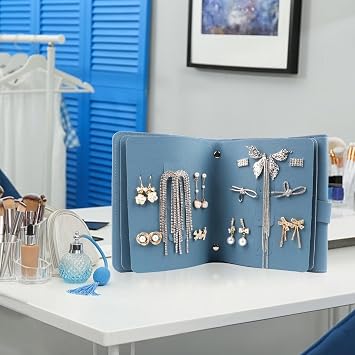Fangoo Earring Organizer Book Design Earring Holder Travel Jewelry Storage Case Tray Holder, Capable to Hold 42 Pairs (Blue)