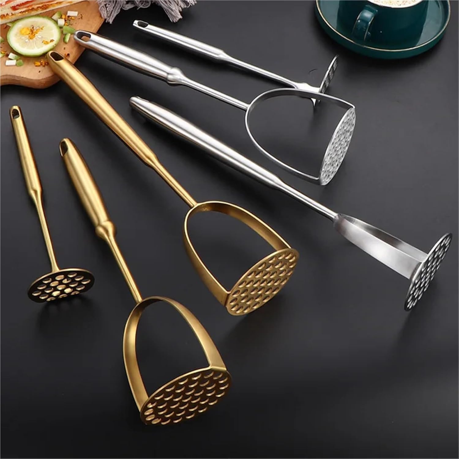 Stainless Steel Potato Masher and Ricer Manual Press and Mash Household Kitchen Gadget(Gold L)