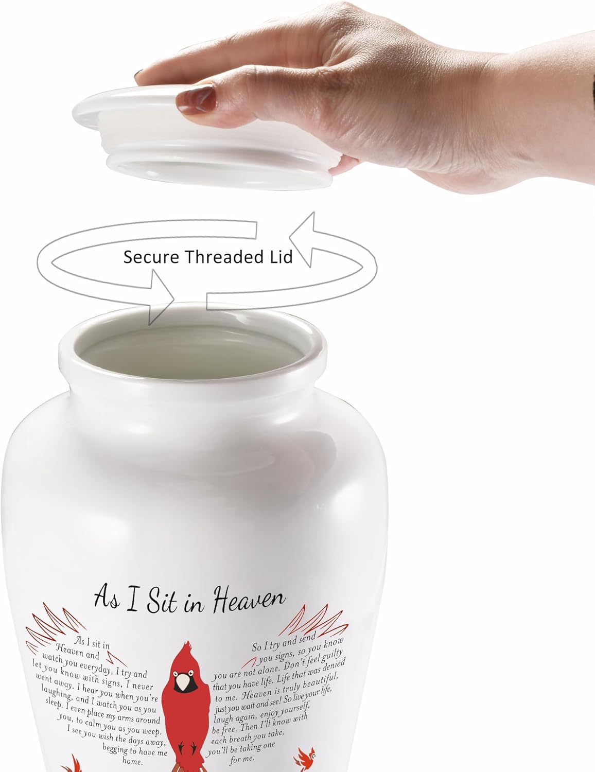 SOITIS Urns for Human Ashes Decorative Urns for Adult Human Ashes Ceramics Cremation Urns Adult Size Large up to 220lbs-White Urns with Red Bird