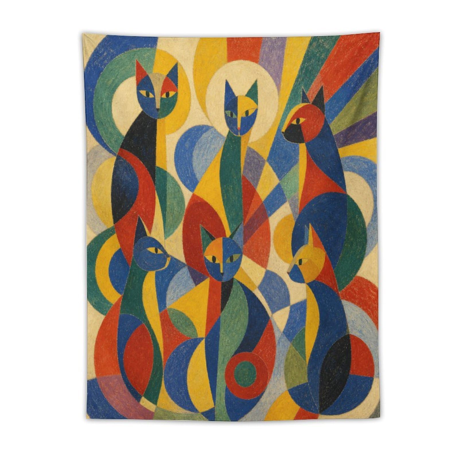 H3B8U2Y5 Colorful Cat Group Wall Tapestry, Geometric Art Style, Office