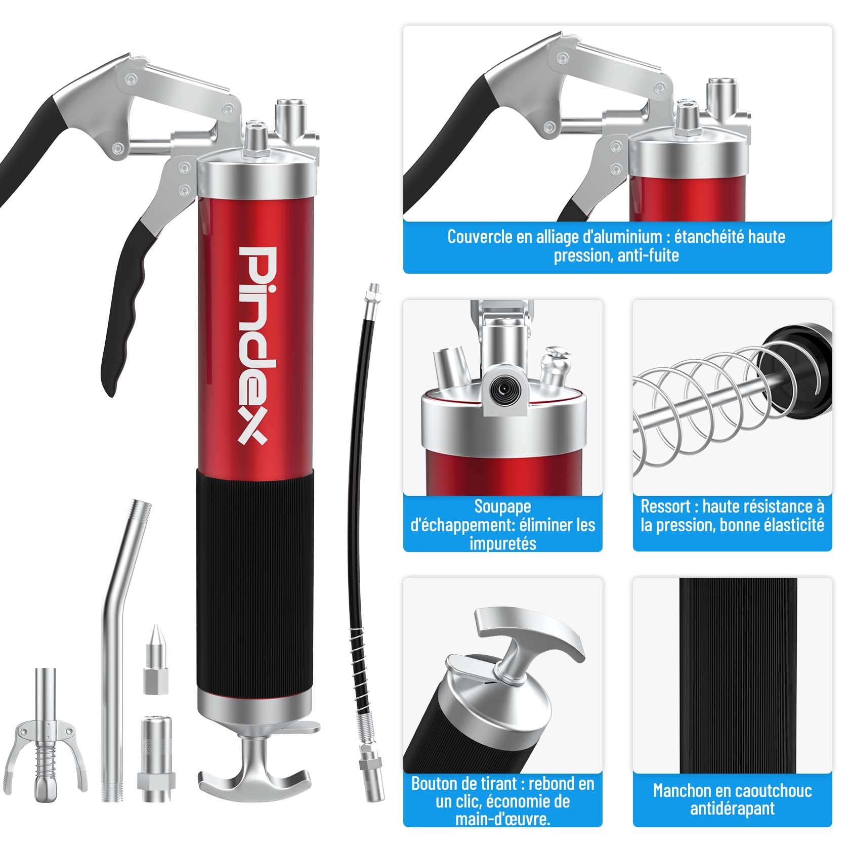 Pindex Pompe à Graisse Manuelle avec 10000PPSI Coupler, Pistolet graisseur pour Cartouche de Graisse 400cc avec 2 Rraccords de Graisse, Tuyau de 45cm Tube Métallique de 15cm | Pistolet à graisse à main avec mamelon de graissage, tuyau de 45 cm, tube en mé