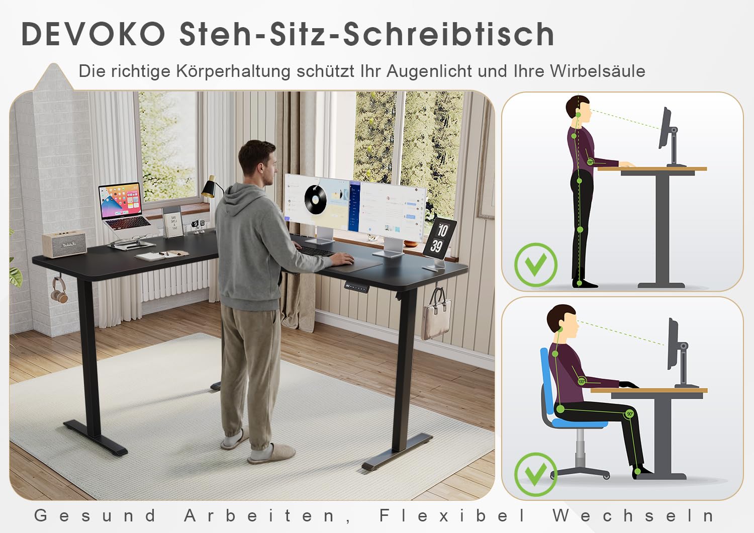 Devoko Höhenverstellbarer Schreibtisch L Form, L-förmig Schreibtisch Höhenverstellbar Elektrisch, Eckschreibtisch Ergonomischer Steh-Sitz Tisch Computertisch