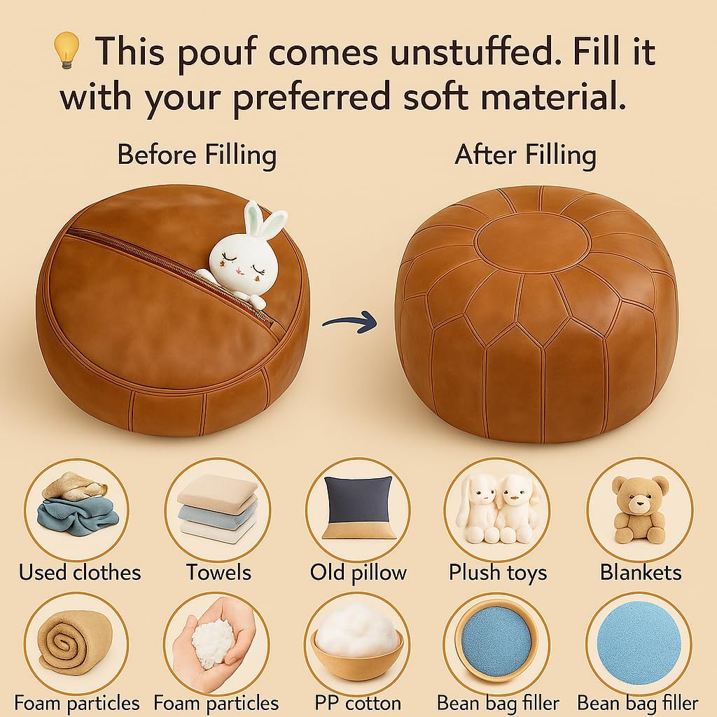 Moroccan Ottoman Leather Pouf – Luxurious Boho Decor for Living Room, Bedroom, or Lounge Seating | Handmade Comfort & Style