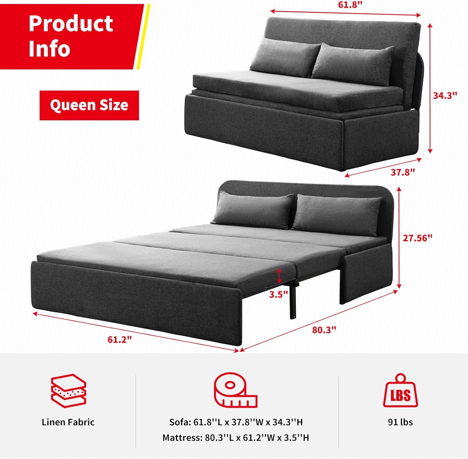 PUREMIND Queen Size Pull Out Sofa Bed, Linen Convertible Sleeper Sofa with Foldable Mattress, Loveseat Pullout Couch Bed with 2 Cushion for Small Place, Apartment, Office - Dark Gray