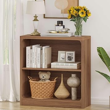 FATORRI Wooden Bookshelf, 2-Tier Compact Open Bookcase with Rounded Corners, Small Floor Standing Display Book Shelf for Living Room, Bedroom, Home Office, Kids Room Walnut