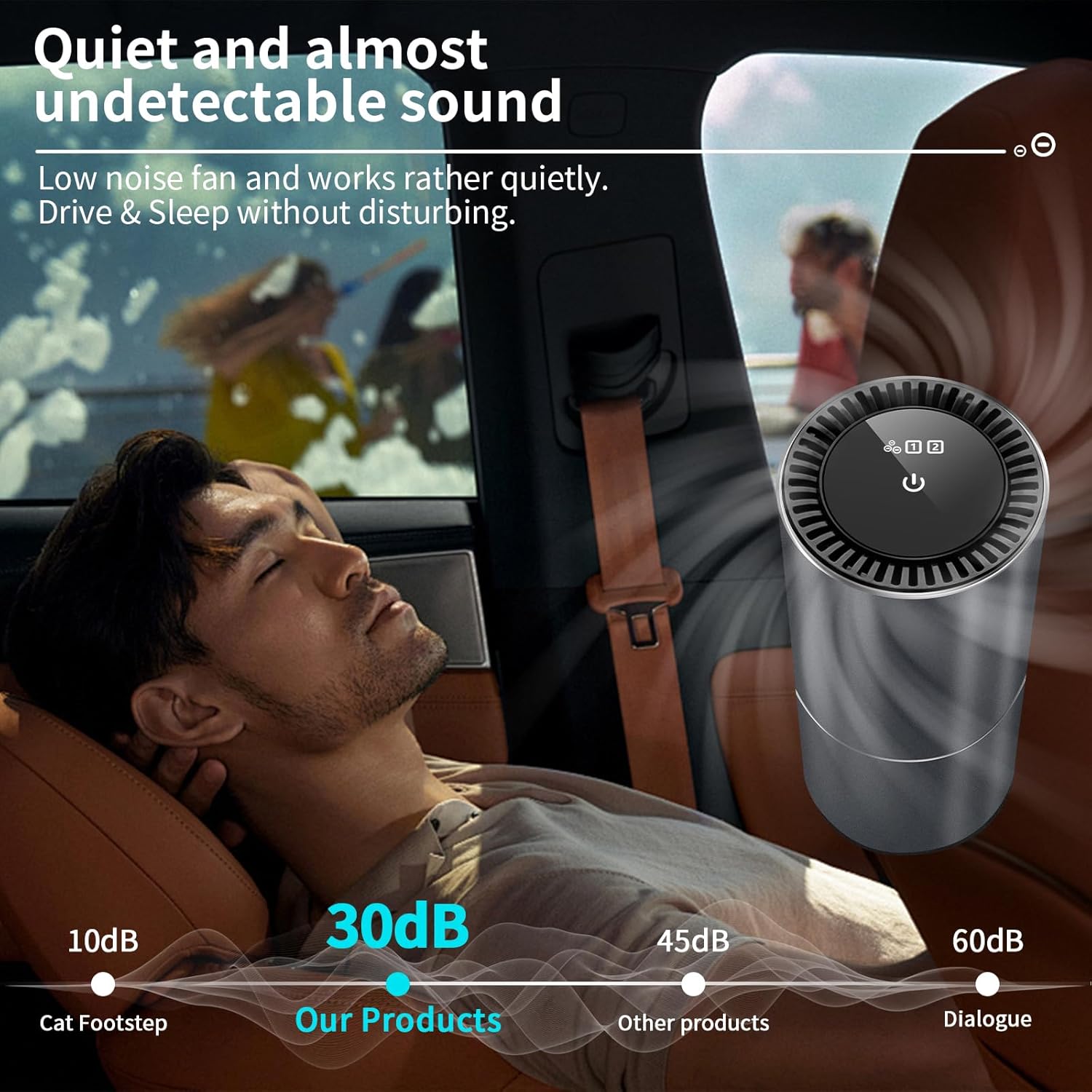 Illustration of the trettitre Car Air Purifier Ionizer operating quietly in a car, with a person sleeping peacefully. Noise level is indicated as 30dB.