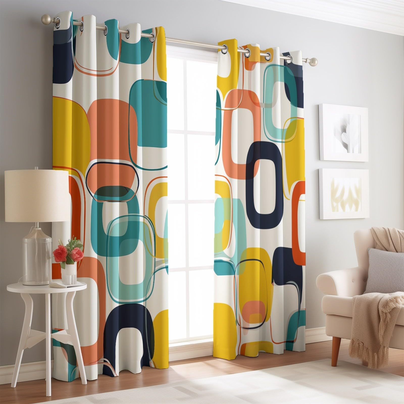 Rideaux Occultants Isolants Anti-Froid 91.5L X 160H cm (2 Panneaux), Design Géométrie Rétro Élégante, Tenture à Œillets Opaque pour Salon et Chambre, Coloré