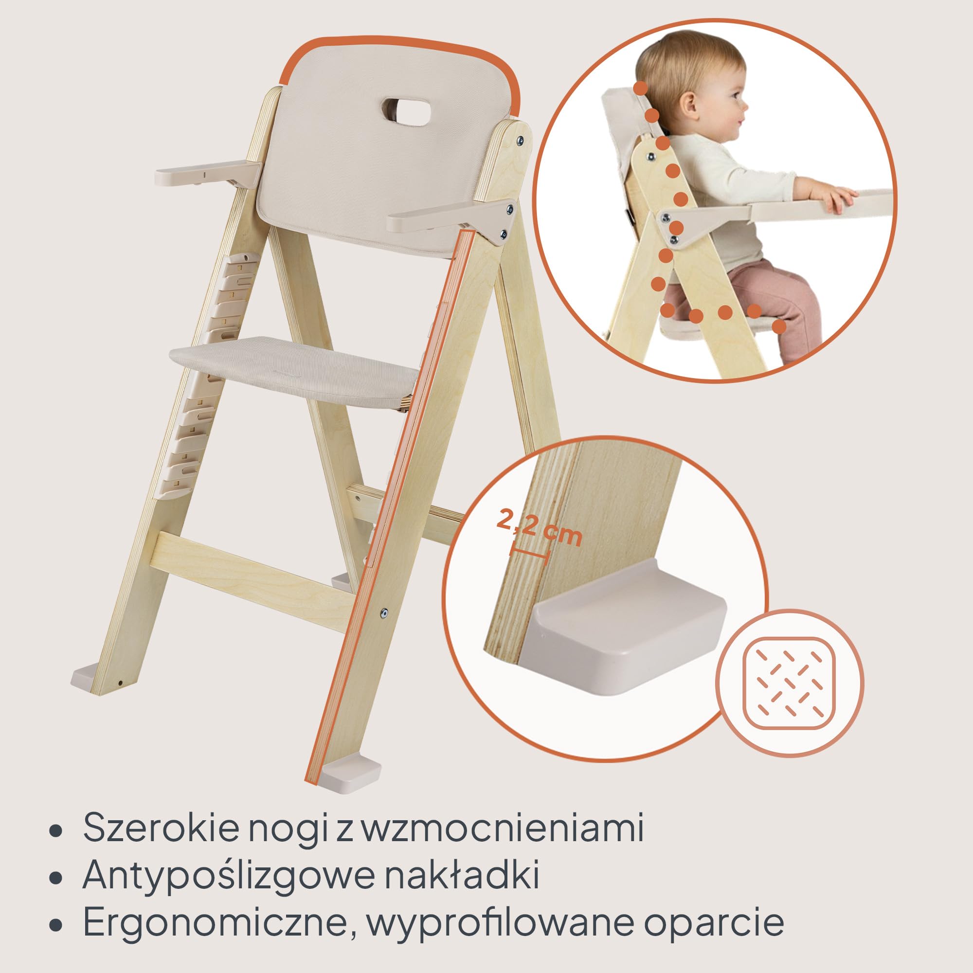 LIONELO Floris Krzesło 3 w 1 z drewna brzozowego | Wyjmowana taca do mycia naczyń, wysokość i podnóżek regulowana w 4 pozycjach, 5-punktowe bezpieczeństwo, styl skandynawski