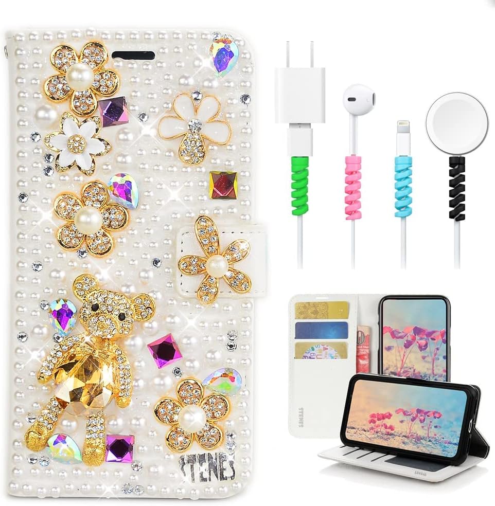 STENES Bling Wallet Phone Case Compatible with Samsung Galaxy A13 5G Case - Stylish - 3D Handmade Floral Butterfly Glitter Magnetic Wallet Leather Cover with Cable Protector [4 Pack] - Colorful