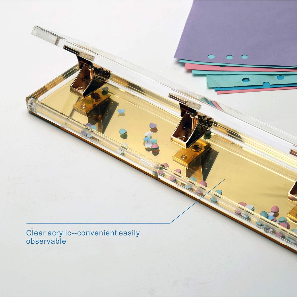 Acrylic and Gold Standard 3 Hole Punch,10 Sheet Capacity, Desktop Hole Puncher 3 Ring, Office Desktop Accessory,Clear/Gold
