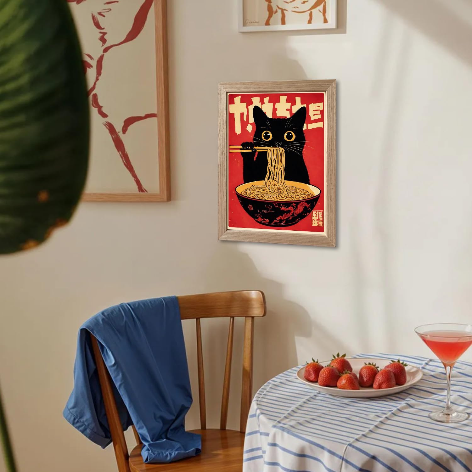 Framed Cat Ramen Canvas Print Posters Japanese Kitchen Wall Art Japandi Wall Decor Minimalist Painting Artworks Dining Room Picture Wall Decor for Home