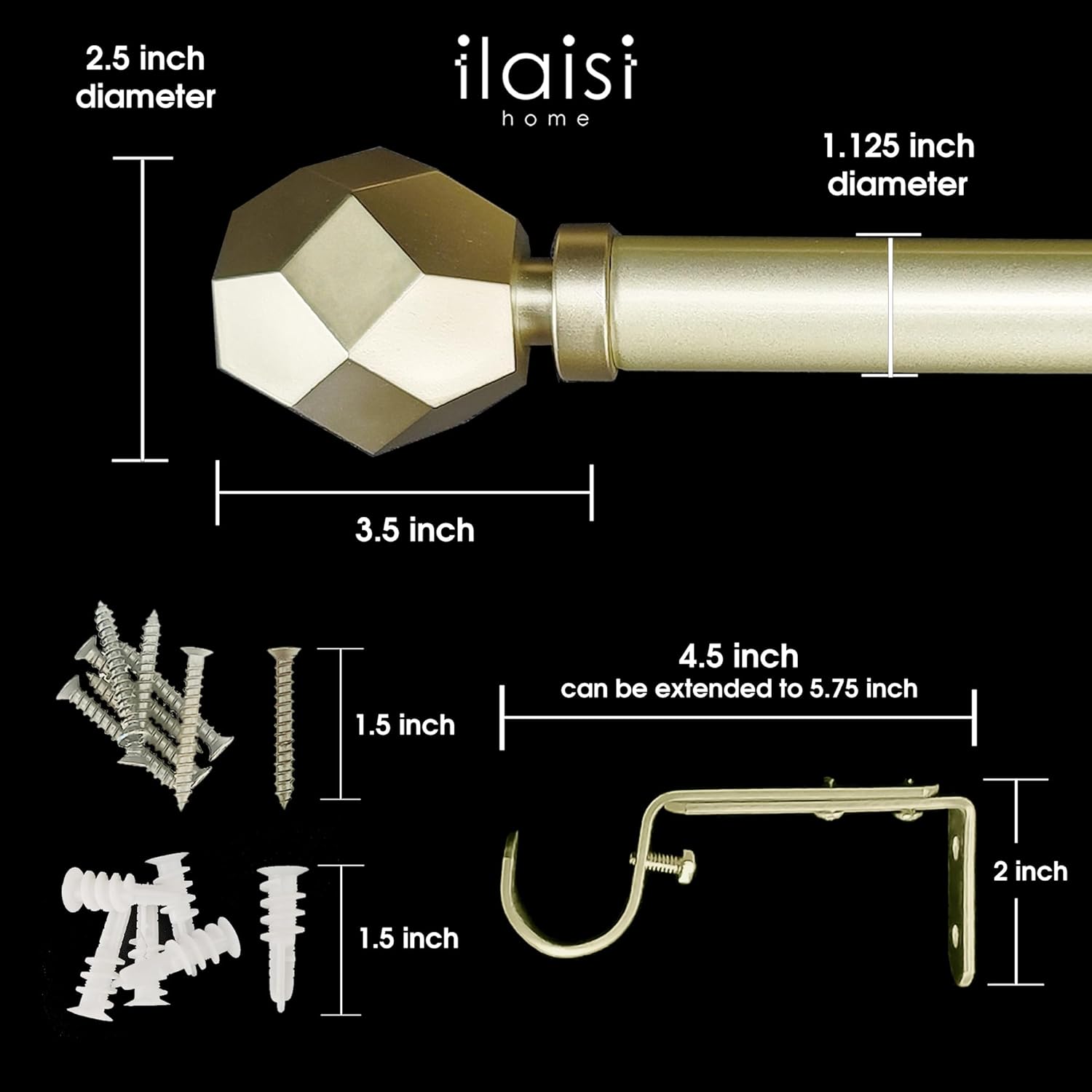 1-1/8 Inch Diameter Champagne Gold Curtain Rod with Geometric Faceted Finials, 72-144'' Telescoping Single Curtain Rods for window width 68-140 inch, 1 pack