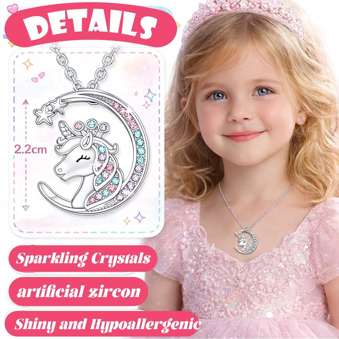 Collier Licorne Zirconia Arc-En-Ciel Étoile Croissant Lune Bijou Enfant