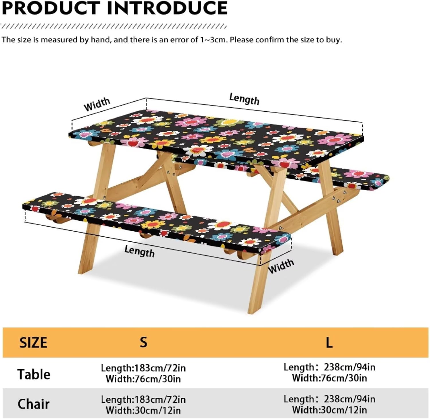 Flower Fitted Picnic Table Cover with Bench Covers Foldable Reusable Camping Tablecloth Wrinkle Free Oil Proof Patio Tablecloth Camping Gear Easy to Clean, 94 x 30 in
