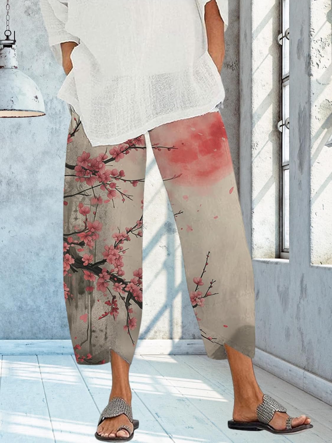 Womens Boho Floral Pants Wide Leg High Waist Trousers Baggy Casual Printed Summer Beach Capri Pants with Pockets - Image 3