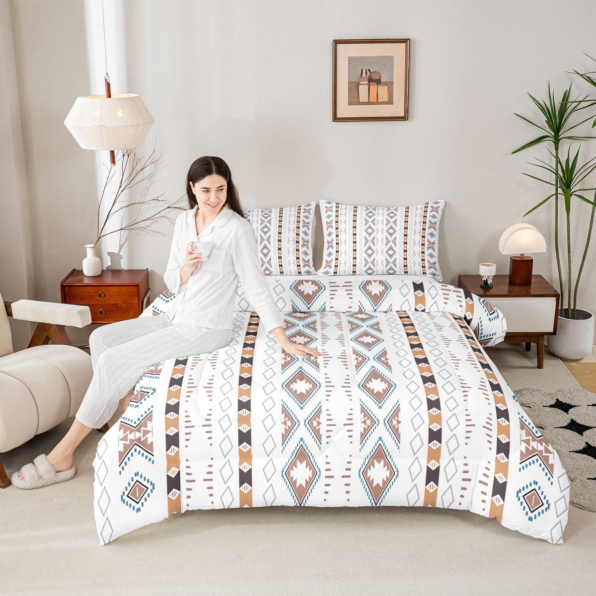 Bohemian Bedding Comforter Sets Boho Aztec Stripes Comforter Set for Teens Boys,Tribe Geometric Triangle Duvet Insert Ethnic Tribal Arrow Aztec Quilt Exotic Tribe Nordic Western Decor King,White