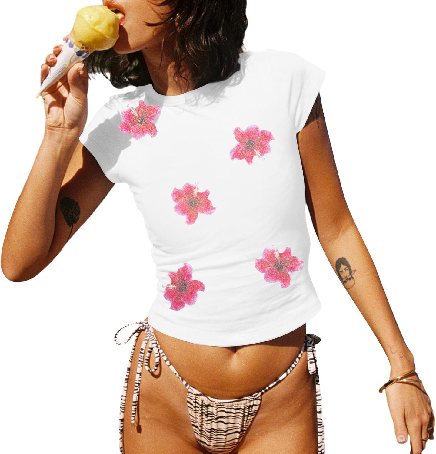 SUPEYA Y2K Baby T Shirt Hawaiian Shirt Women Hawaii Hibiscus Graphic Crop Tops Vintage Aesthetic Summer Vacation Tops White Medium