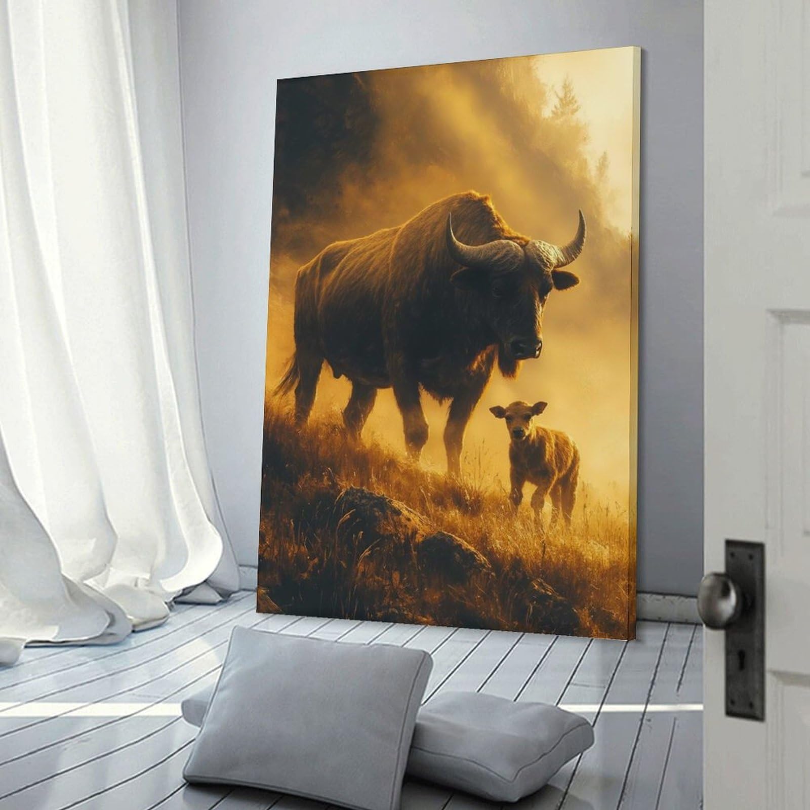 Junmoney Frame-Style-11 Buffalo And Calf In Golden Light Canvas Art Print 24X36inch(60X90cm), For Apartment Walls, Studios Or Work Areas, An Easy Choice For New Home Styling
