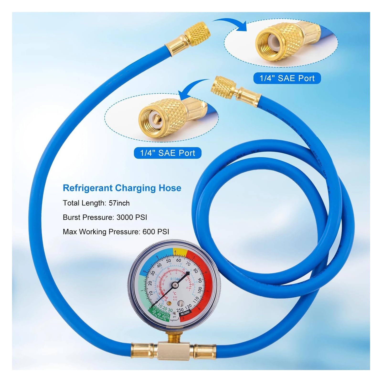 Kit de Manguera de Recarga de Aire Acondicionado R134A con manómetro, Manguera de Carga de refrigerante, Recarga de Gas for automóvil Lecturas estables | Length 150 cm