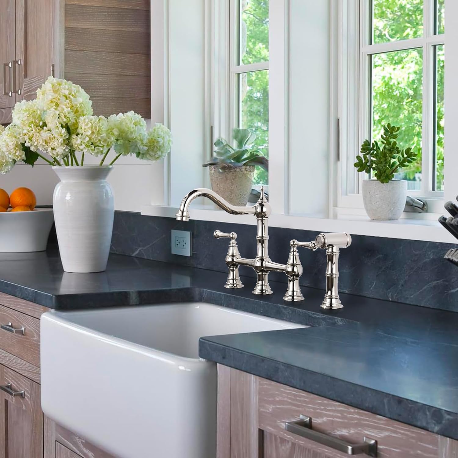 WOWOW Bridge Kitchen Faucet with Side Sprayer, and Pot Filler Faucet Wall Mount Stove Faucet Polished Nickel Commercial Folding Kitchen Faucet