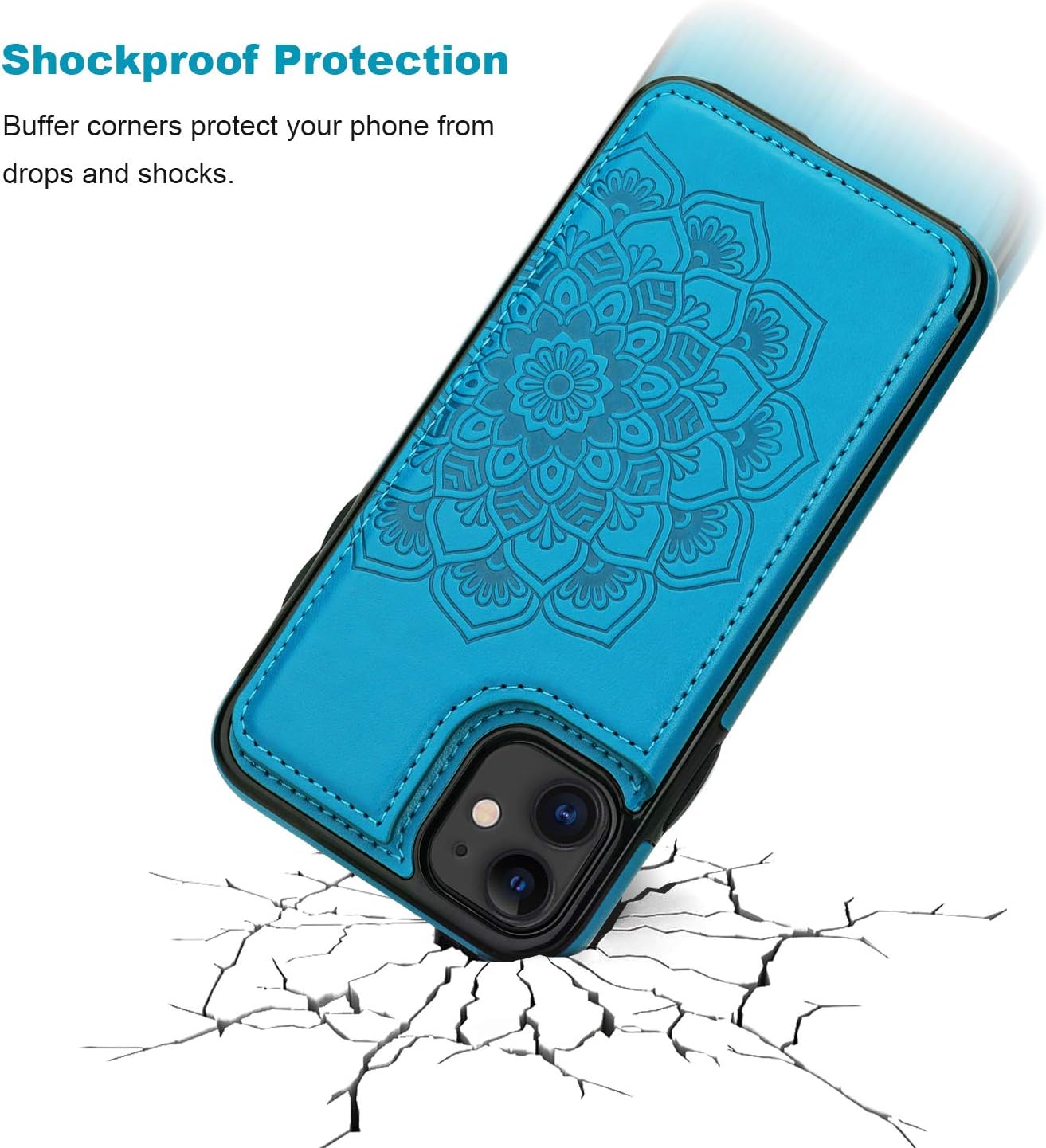 Vaburs Compatible with iPhone 11 Case Wallet with Card Holder, Embossed Mandala Pattern Flower Premium PU Leather Double Magnetic Buttons Flip Shockproof Protective Cover for 6.1 Inch, (Blue) - Image 7