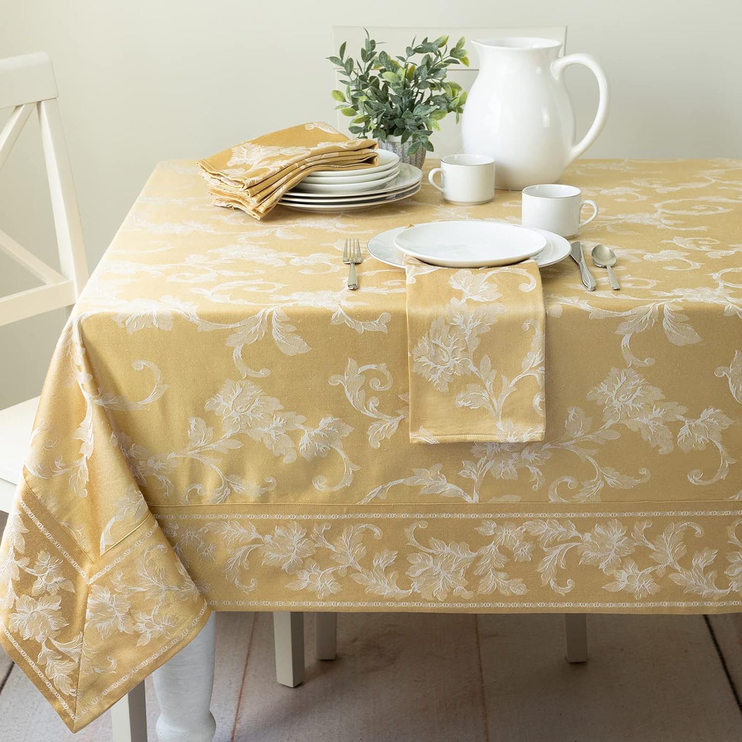 Benson Mills Harmony Scroll Woven Damask Fabric Tablecloth, Everyday, Parties, Special Occasions, Weddings and Holiday Table Cloth (60" X 104" Rectangular, Gold)