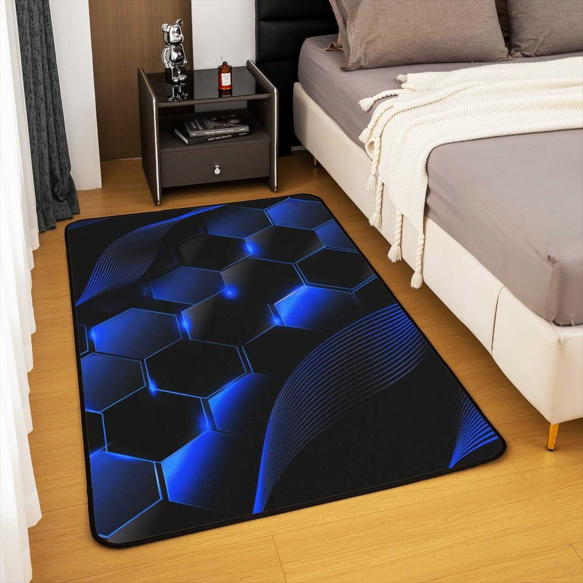 Erosebridal Royal Blue Black Honeycomb Living Room Rugs 5x7,Neon Lights Hexagon Area Rug for Bedroom,Striped Curve Lines Carpet Non Slip,Ombre Glowing Stripes Decorative Washable Rug