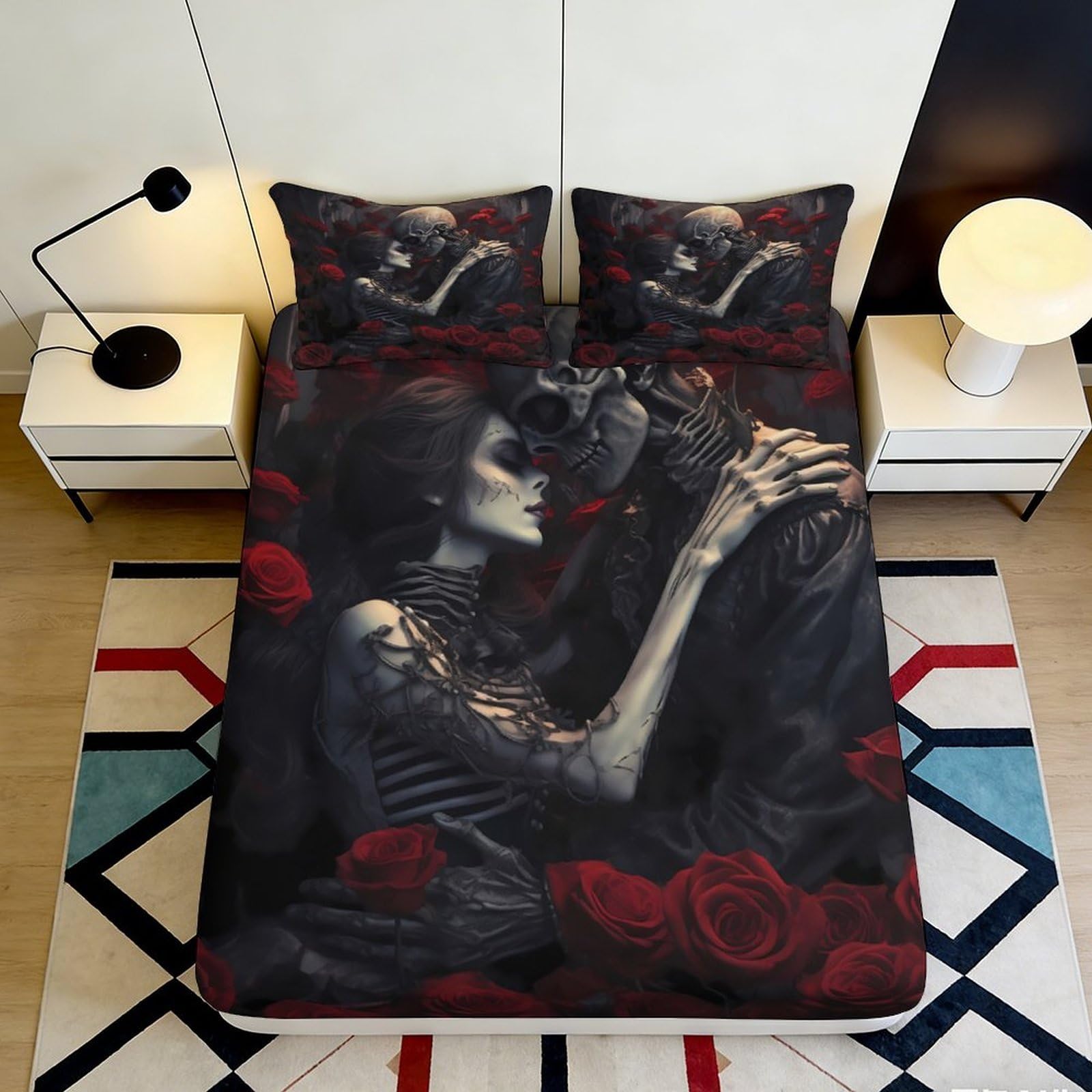 3D Printed Skeleton Rose Fitted Sheet Microfiber Black Gothic Skull Mattress Cover for Bedroom Dorm Easy Care 90x200x25cm