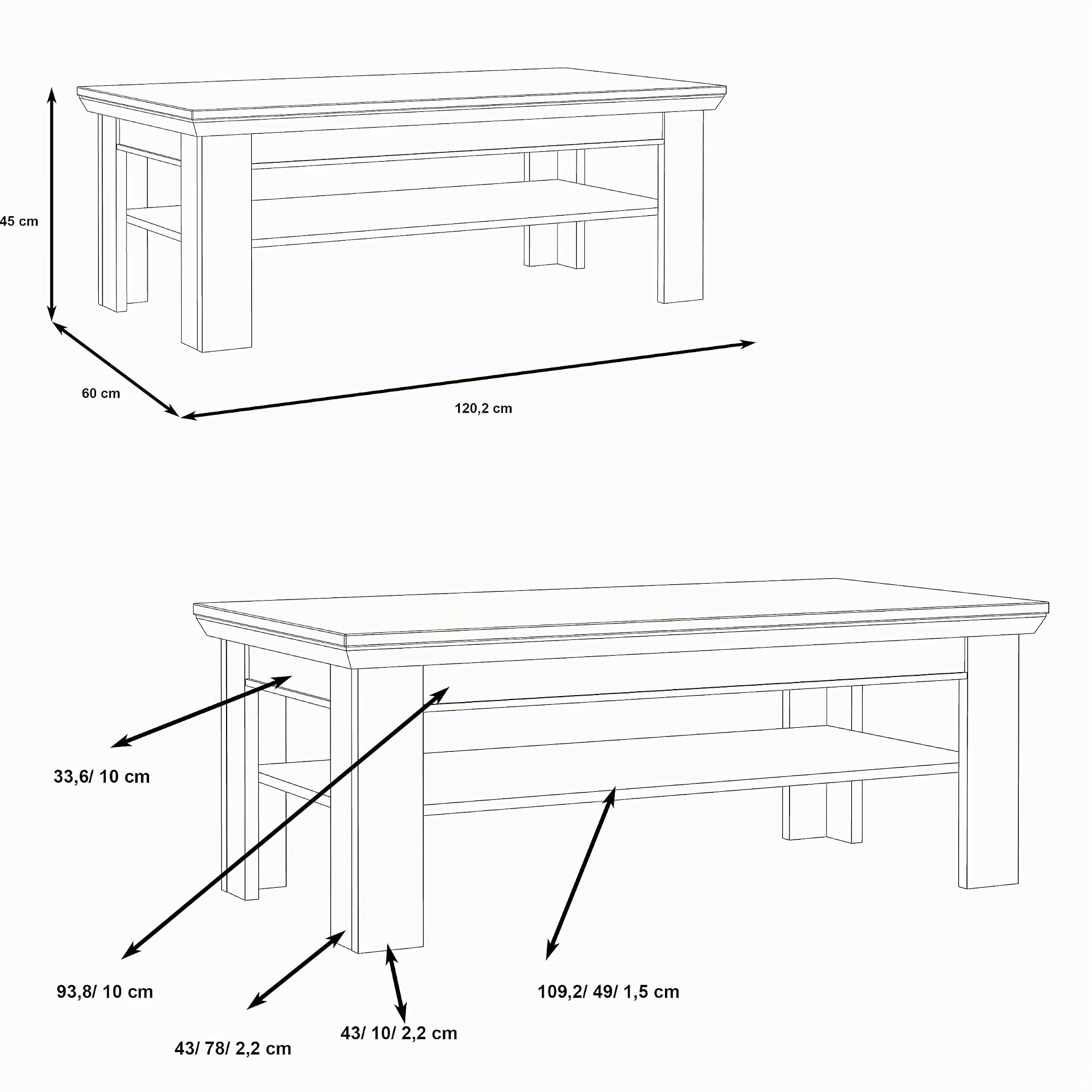 FORTE Kashmir Couchtisch mit Ablagefläche, Holzwerkstoff, Pinie Weiß, 120 x 45 x 60 cm