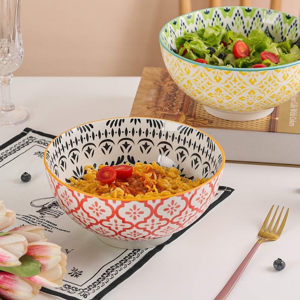 Large Ceramic Serving Bowl Set - 8-Inch Colorful Porcelain Pasta Bowls - 3 Pack Perfect for Salad, Soup, Noodle, Ramen - Microwave and Dishwasher Safe - 57 oz (1700 ml / 1.8 Quart)