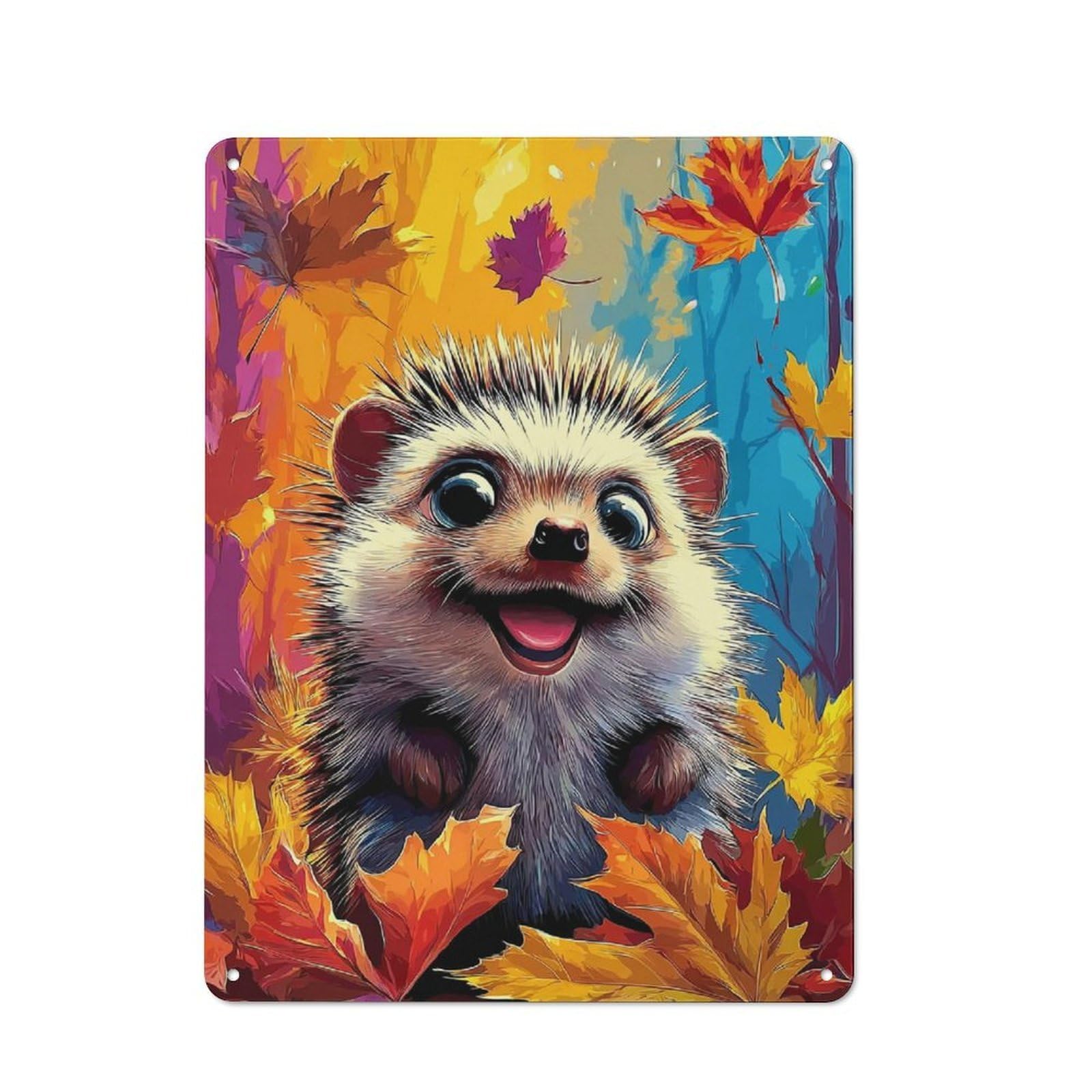 Junmoney Autumnal Hedgehog Delight Rustic Metal Wall Sign 40X30cm For Kitchen Or Home Bar, For Garage, Workshop And Man Cave Decoration