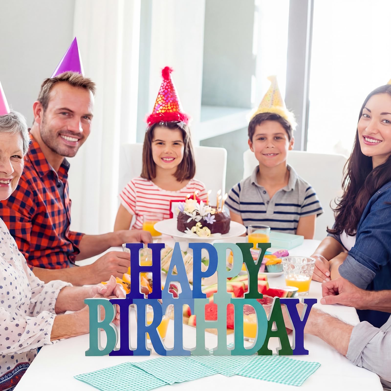 Novabright Brokatowy niebieski i zielony znak "Happy Birthday" dekoracja na stół dekoracje na przyjęcie urodzinowe dla kobiet urodziny tematyczne uroczystości artykuły imprezowe
