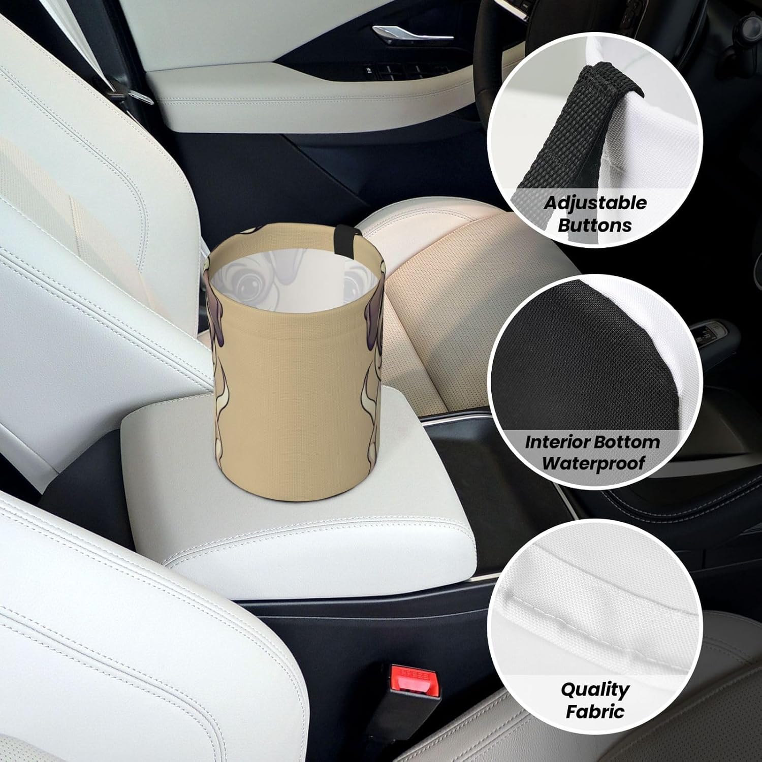 Funny Cartoon Pug Puppy Dogs Print Foldable Car Trash Can,Hanging Car Garbage Can,Waterproof Car Garbage Bin, for Travel Camping