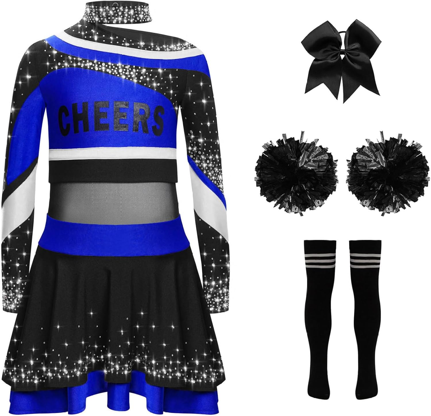 Kids Girls Cheer Leader Uniform Dance Top Skirt Set with Pom Poms Cheerleading Outfit Halloween Cheer Up Blue Black 8 Years