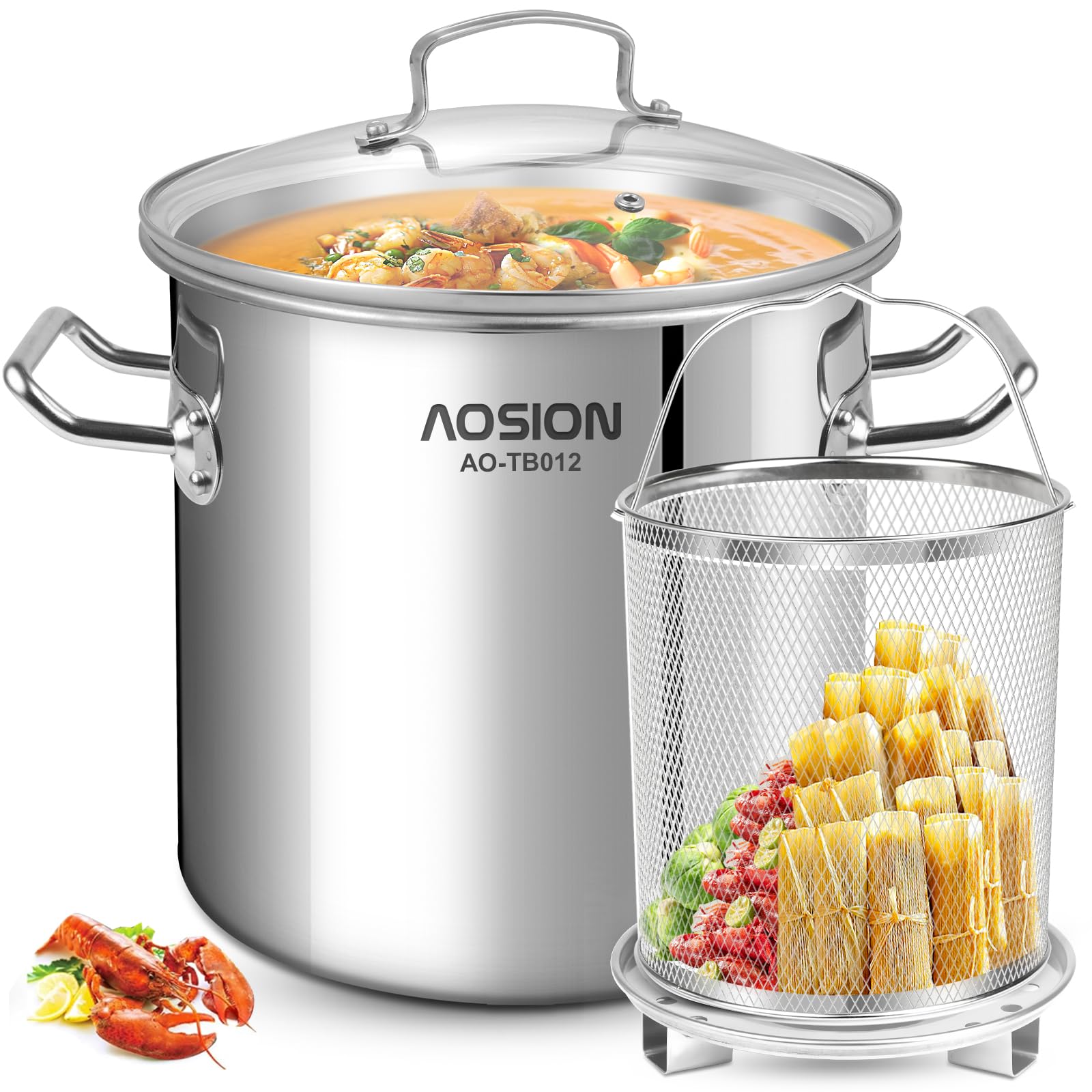 AOSlON 12 Quart Stock Pot with Lid, Stainless Steel Cooking Pot, Large Tamale Soup Pot, Pasta pot with Deep Fryer & Steam Rack for Seafood, Pasta, Dishwasher & Oven Safe