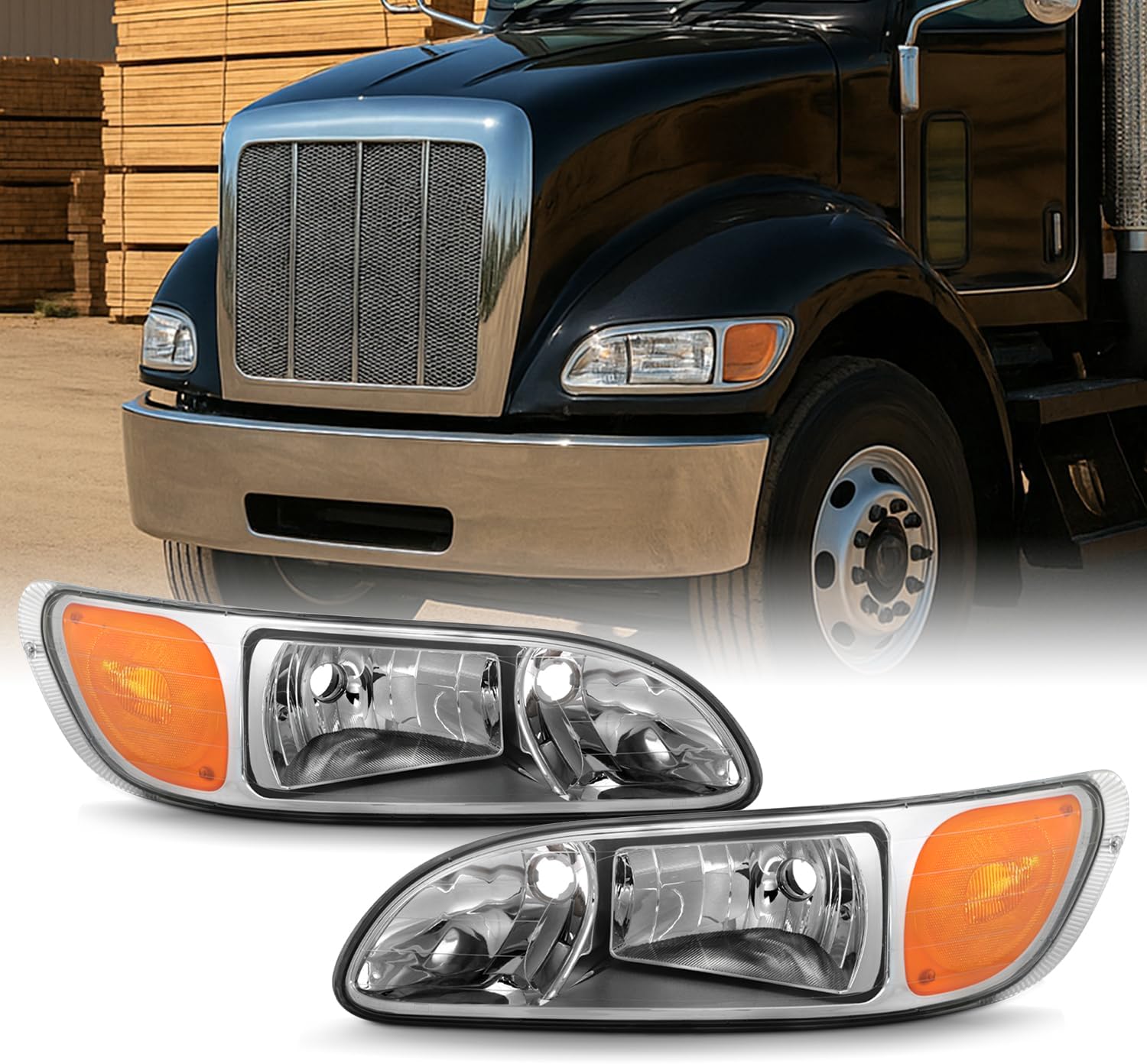 AKKON - For 2005-2015 Peterbilt Class 8 trucks 325 384 386 330 335 337 340 348 382 OE Chrome Housing Headlights