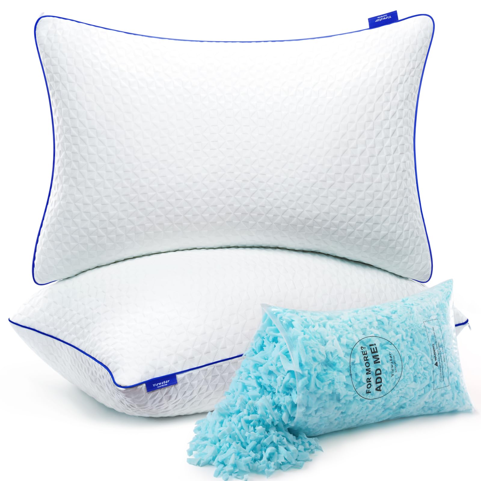 viewstar Memory Foam Pillows Queen Size Set of 2, Adjustable Firm Pillows for Side Back Stomach Sleepers, Shredded Gel Pillows for Sleeping 2 Pack with Washable Removable Cover 19"x 28"