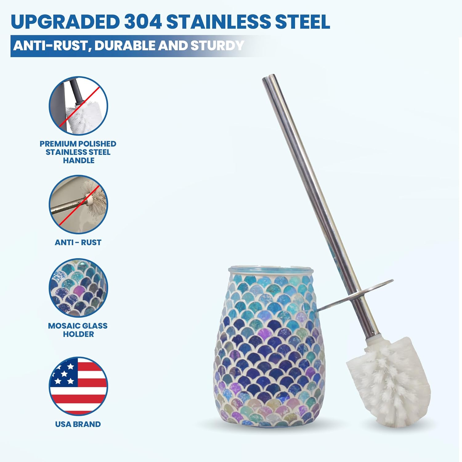 Escenzy Modern Toilet Brush and Holder Set Mosaic Glass | Non-Rustic Stainless Steel | Practical & Decorative Toilet Bowl Brush and Holder | Luxury Black Gold & Mermaid Bathroom Accessories