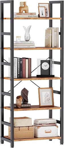 DUMOS 5-Tier Bookshelf, Modern Tall Bookcase, Open Storage Display Shelf for Living Room, Bedroom, Home Office, Narrow Standing Shelving Unit for Books, CDs, Décor，Rustic Brown