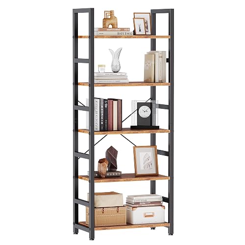 DUMOS 5-Tier Bookshelf, Modern Tall Bookcase, Open Storage Display Shelf for Living Room, Bedroom, Home Office, Narrow Standing Shelving Unit for Books, CDs, Décor，Rustic Brown - Rustic Brown - 5 Tier