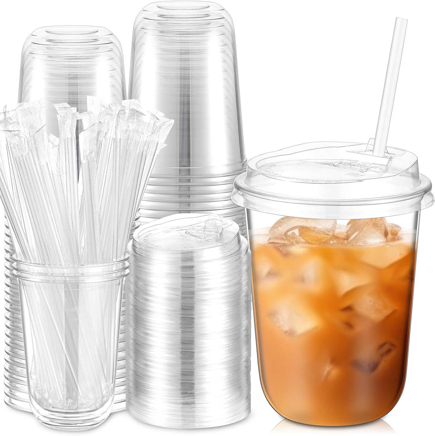 50 Pcs 16oz Clear Plastic Cups with Lids and Straws, Disposable Iced Coffee Drink Cups, Plastic Cup for Iced Coffee, Wine, Cocktail, Smoothie, Milkshake, Cold Beverage Party Catering Supplies