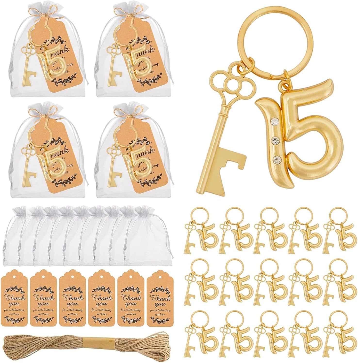 50Pcs 15th Quinceañera Key Bottle Openers Keychain Bulk 15 Birthday Party Favors, 15th Beer Key Chain Ring Bottle Opener Wedding Anniversary Return Gifts Party Decorations or Souvenirs for Guests