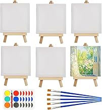 6PCS Mini Canvas with Easel, Mini Canvas and Easel Set, Wooden Table Easel, Small Folding Painting Easel for Children Adults Painting, Drawing