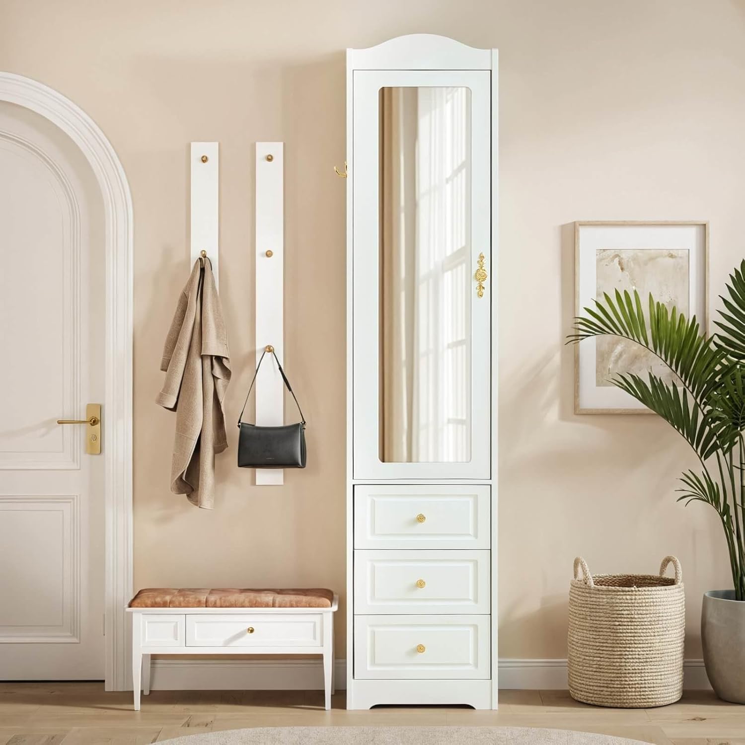 69.5" H Armoire Wardrobe Closet, Wood Bedroom Armoires Cabinet with Mirror Door and 3 Drawers, White Clothing Storage Cabinet with Hanging Rod & Sensor Light for Bedroom(Left)