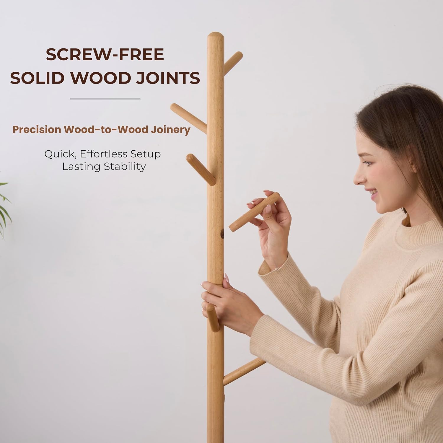 Solid Beech Wood Freestanding Coat Rack, Entryway Furniture Solid Beech Wood with 8 Hooks & 3 Adjustable Heights for Coats, Hats, Purse Stand and Wardrobe Essentials (Natural) (1)