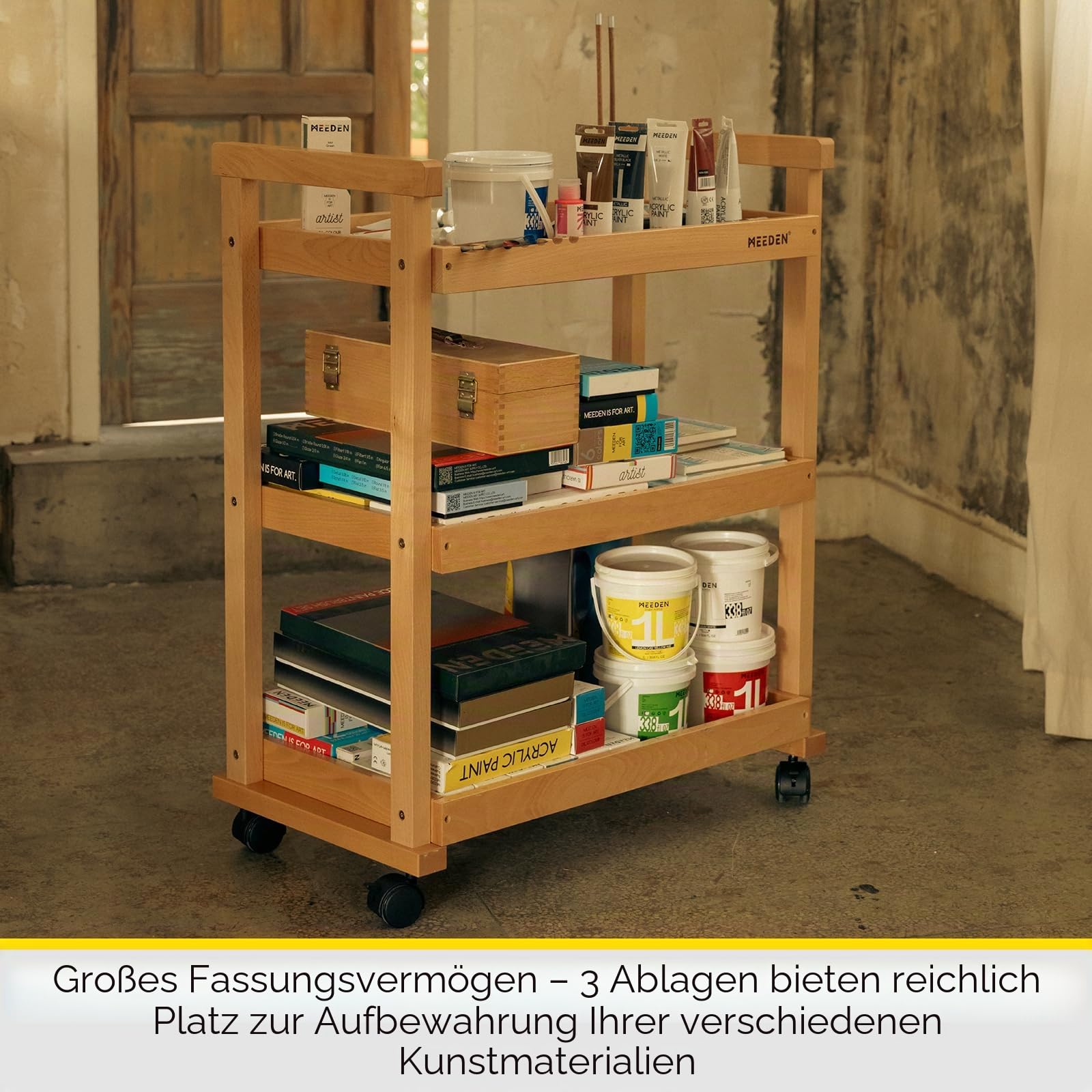 MEEDEN Kunstwagen Speicherorganisator, 3-stöckiger Rollbarer Studiowagen mit Lenkrollen, Multifunktionales Lagerregal mit Rädern, Wagen für Kunstbedarf im Klassenzimmer aus Massiver Buchenholz