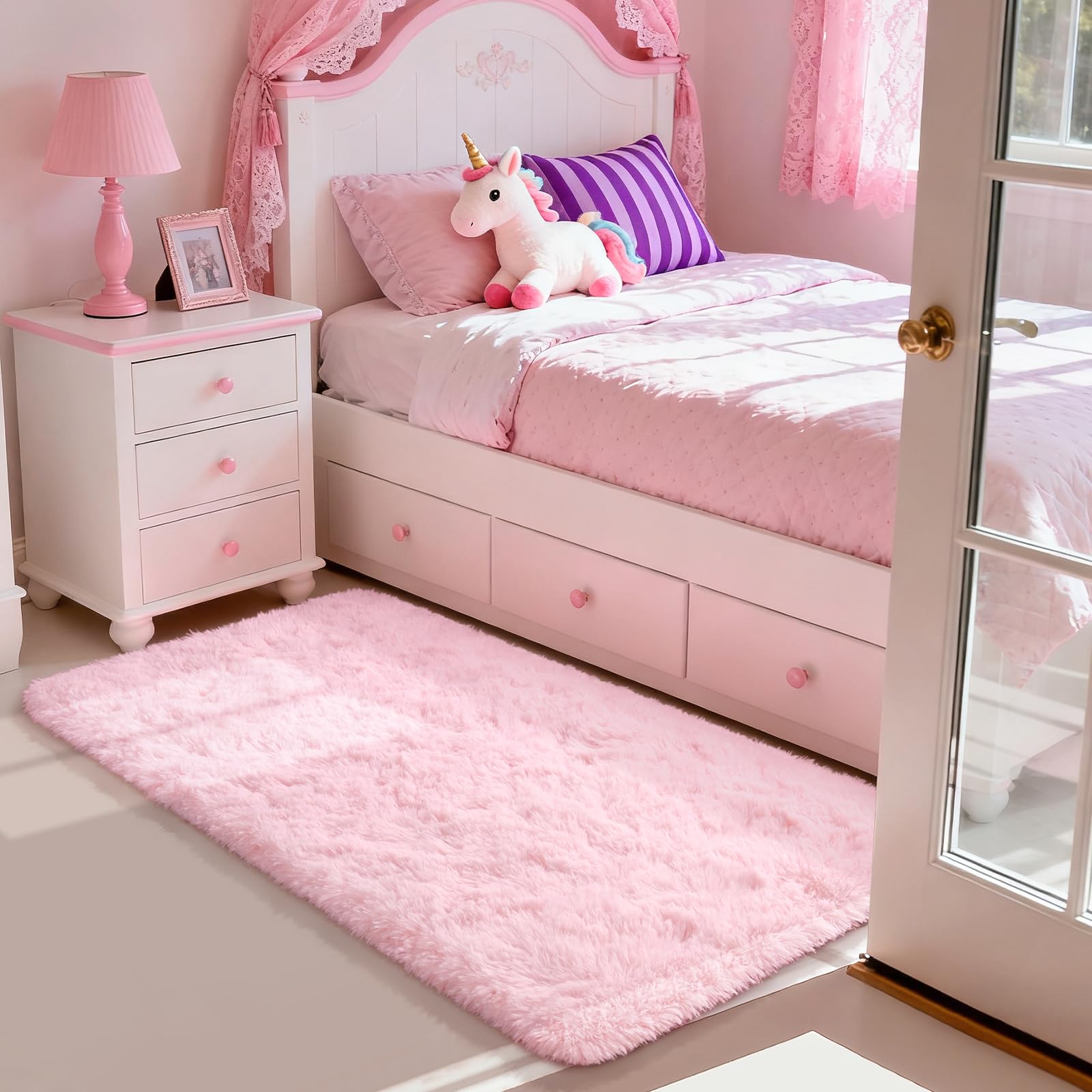 Merelax Soft Fluffy Rugs Pink Girls Bedroom Nursery Rug, 2x4 Small Shaggy Non-Slip Bedside Rug for Dorm Kids Room Carpet, Plush Furry Area Rugs