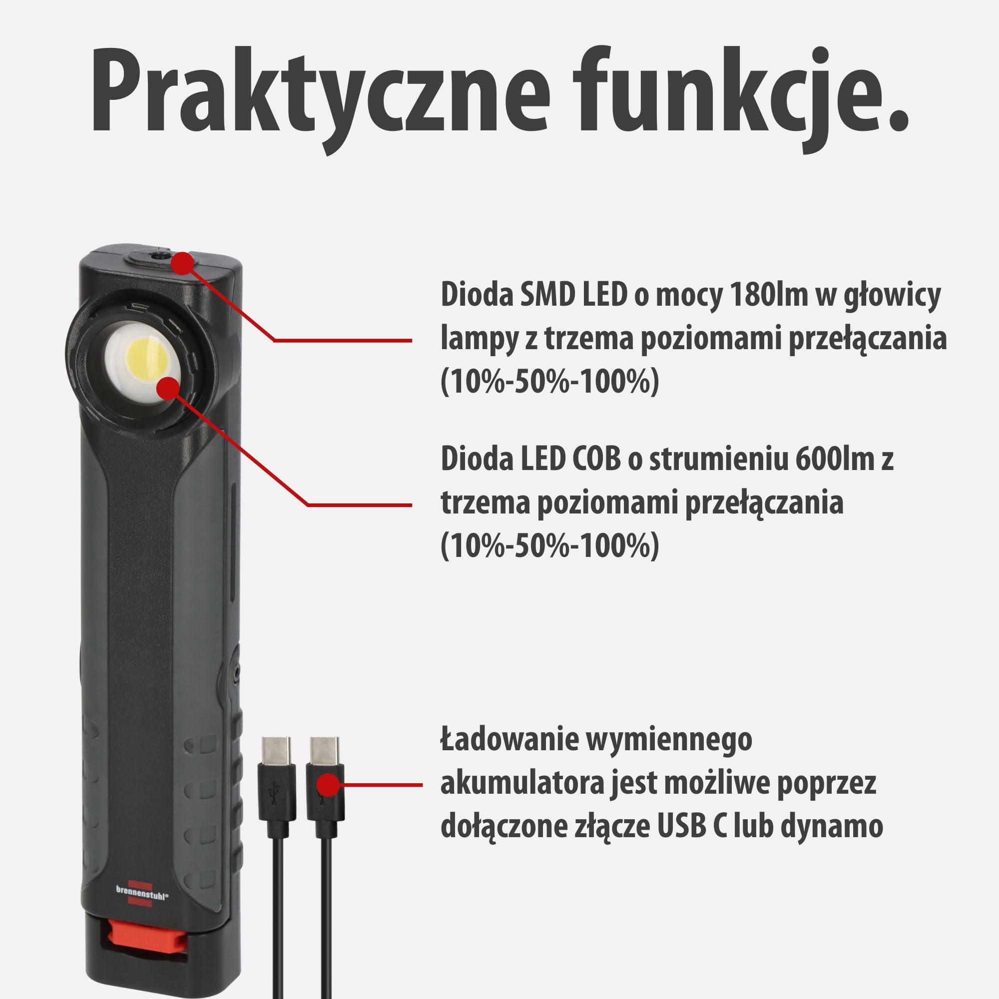 Brennenstuhl HL 600 AD/akumulatorowa lampka ręczna LED dynamo z akumulatorem i kablem USB-C (600+180lm, IP54, IK08, światło robocze o czasie świecenia do 15 godzin, z haczykiem i magnesami)
