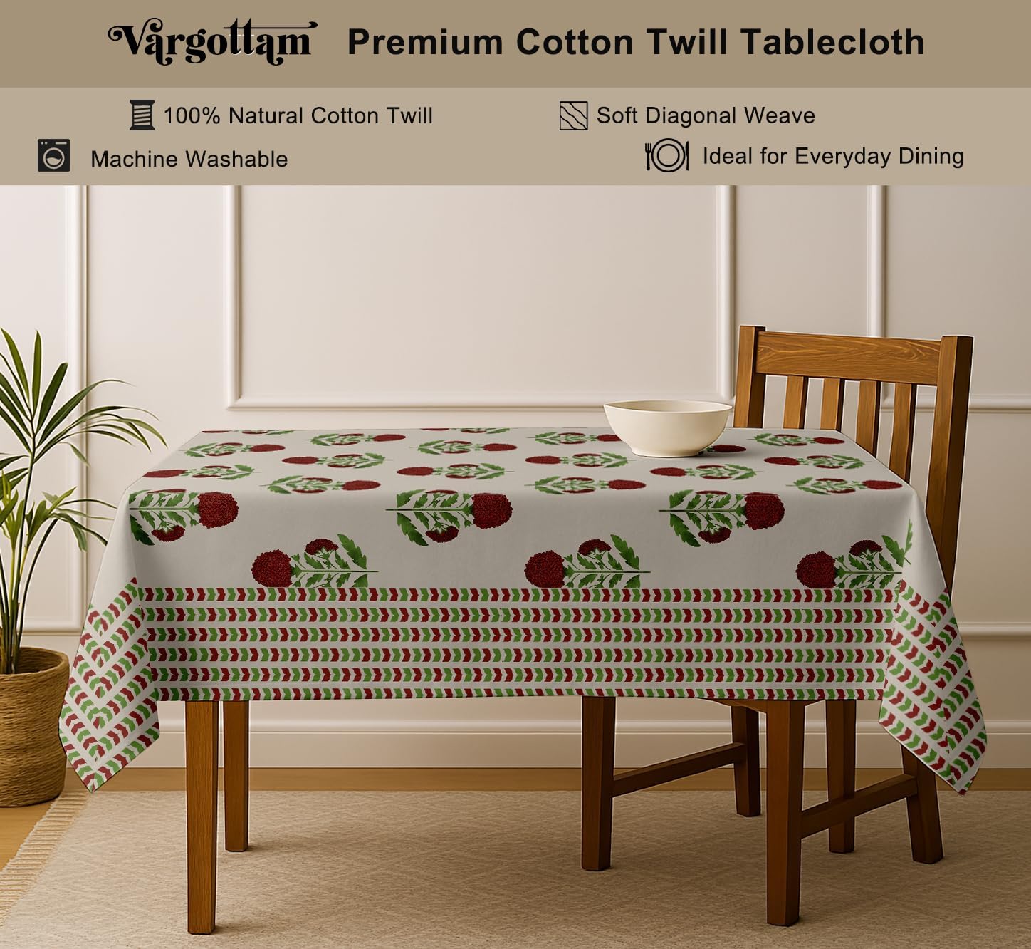 Block Print Tablecloth - Beige Cotton Twill Fabric, 54x54 Inch Square Dining Table Cover for 4 Seater, Durable, Machine Washable, Everyday Dining, Matching Napkins & Runners Available