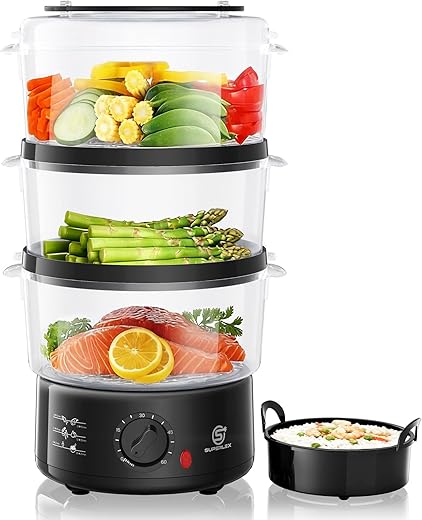 3 Tier Food Steamer 7.5L Electric Vegetable Steamer Cooker with Stackable Baskets and Rice Bowl 60 Minute Timer 550W Egg Boiler Healthy Cooking for Rice Fish Meat Dumplings